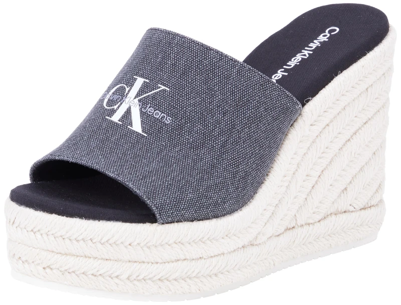Calvin Klein Jeans Women Wedge Espadrilles Slide Canvas, Multicolor (Black Salt and Pepper), 39