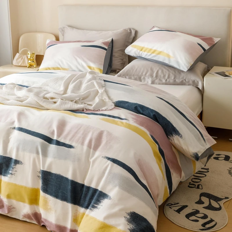 SUSYBAO King Size 3 Piece Duvet Cover Set, 100% Cotton, Blue, Pink, Gray, Geometric, Modern, Reversible, Breathable, Zipper Ties, 1 Duvet Cover (90" x 104"), 2 Pillowcases (20" x 36")