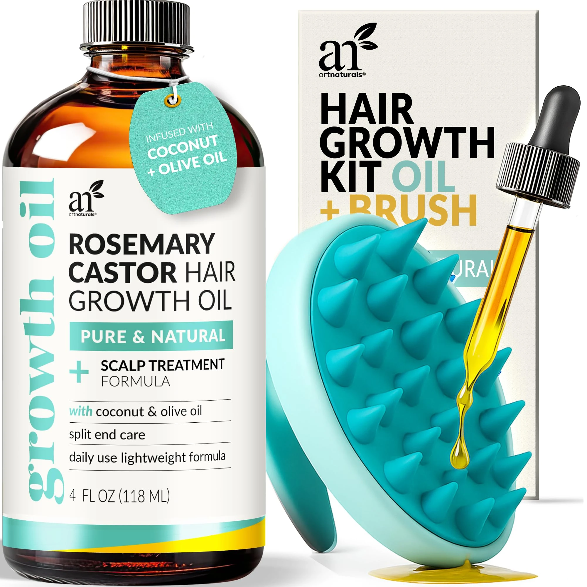 Artnaturals Organic Rosemary Castor Hair Oil + Scalp Massager 118ml ounces with Coconut & Olive Oil for Dry, Damaged & Split End