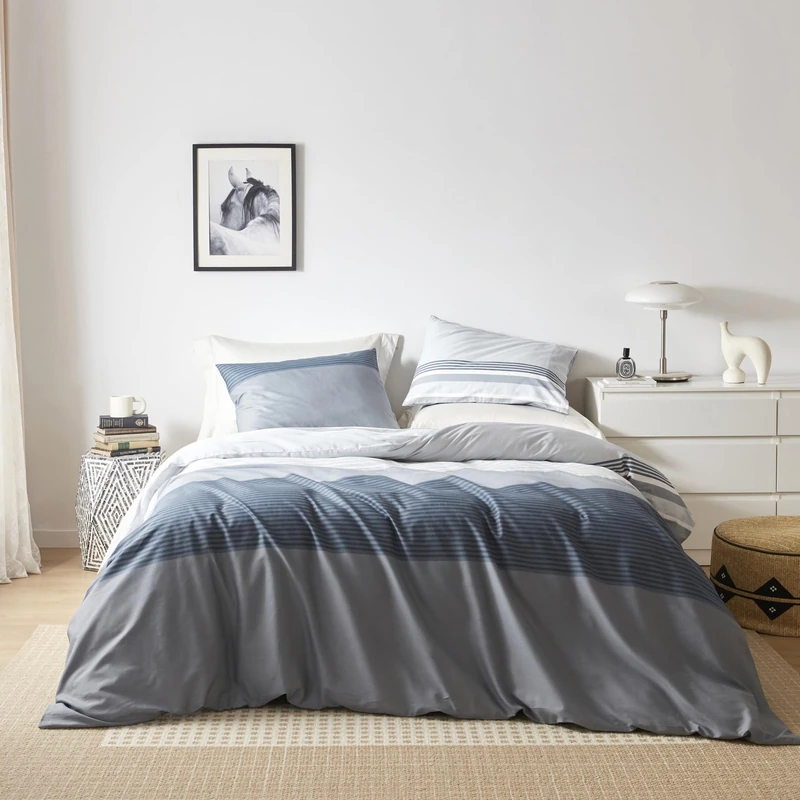 YuHeGuoJi Grey Striped Geometric Duvet Cover King 100% Cotton 3 Pcs Set