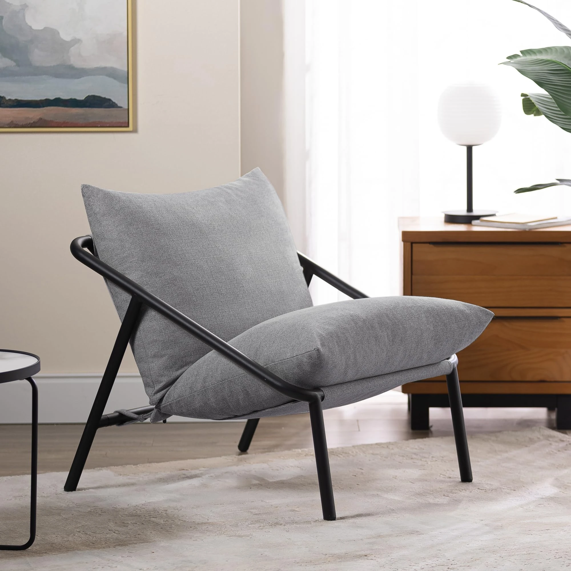Zinus Ada Accent Sling Chair 78x78x89 cm - Metal Framed Armchair with Shredded Foam Cushioning - Light Grey