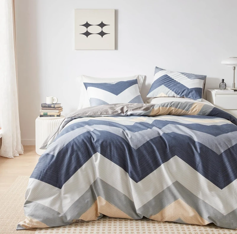 YuHeGuoJi Blue White Geometric Duvet Cover King 100% Cotton 3 Pcs Set 1 Modern Striped Zigzag Patterned Duvet Cover with Zipper Ties 2 Pillowcases Reversible Taupe Grey Bedding Set Soft