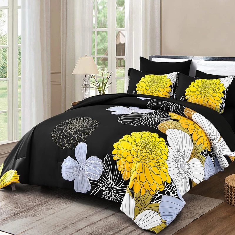 7 Pieces King Yellow Black Floral Bedroom Comforter Set Bed in a Bag Soft Microfiber Comforter (1 Comforter 1 Flat Sheet 1 Fitted Sheet 2 Pillowshams 2 Pillowcases)