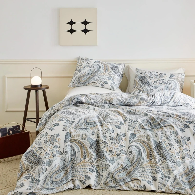 SUSYBAO Paisley Duvet Cover Queen 100% Cotton 3 Pcs Set 1 European Bohemian Flower Duvet Cover with Zipper Ties 2 Pillowcases Vintage Blue Boho Floral Bedding Set Soft