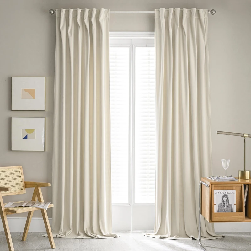 MUMFAS Ivory Velvet Curtain Pair Back Tab Rod Pocket Bedroom Curtains 63 Inches Long Window Decoration Privacy Drapes for Home Office Nursery Backdrop W52 x L63 2 Panels