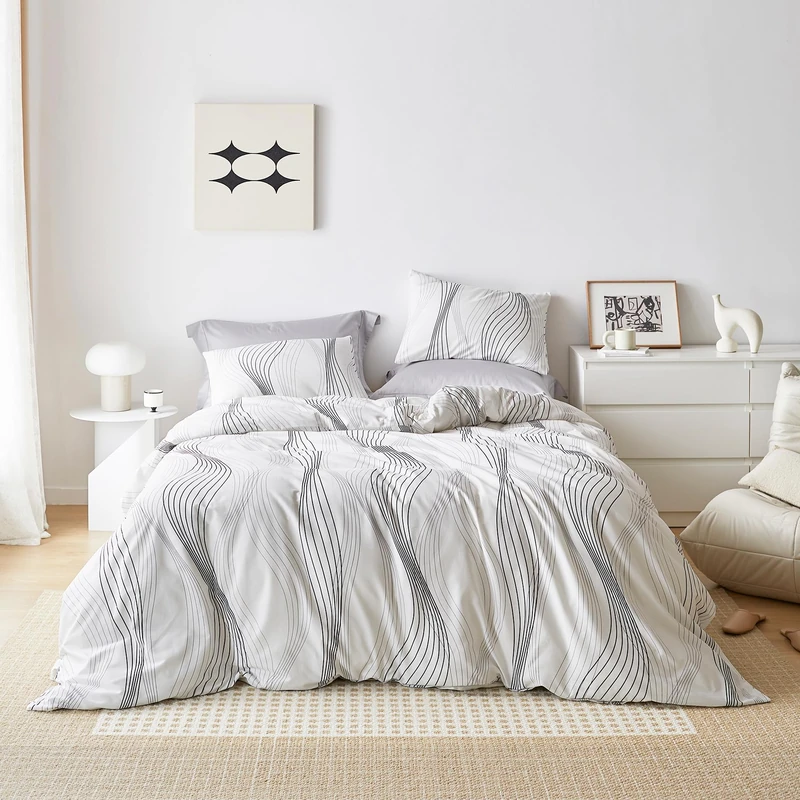 SUSYBAO Abstract Striped Duvet Cover King 100% Cotton Aesthetic Geometric Duvet Cover 3 Pcs Set 1 Minimalist Black Lines Print Duvet Cover with Zipper Ties 2 Pillowcases Modern White Bedding Soft