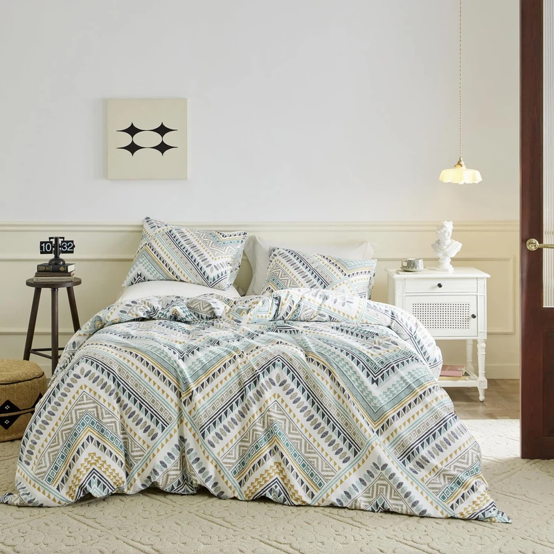 SUSYBAO Triangle Patterned Duvet Cover King 100% Cotton 3 Pieces Set 1 Vintage Boho Aztec Duvet Cover with Zipper Ties 2 Pillowcases Southwestern Yellow Green Bohemian Bedding Set Soft