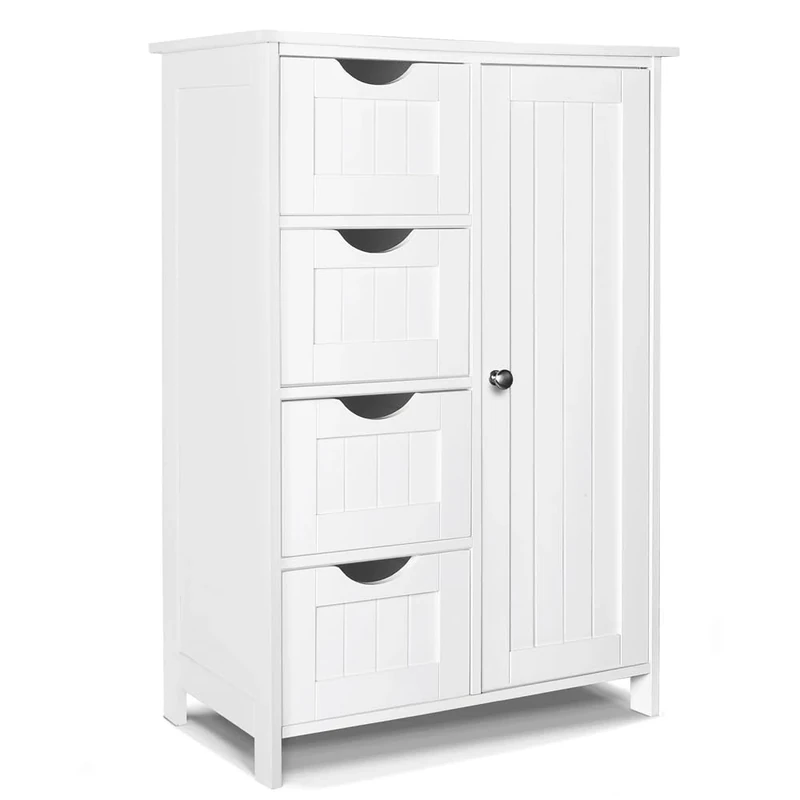 VOUNOT® Bathroom Floor Storage Cabinet, Freestanding Storage Unit with Adjustable Shelf, 4 Drawers & Door, for Bedroom, Kitchen, Living Room, Entryway, White