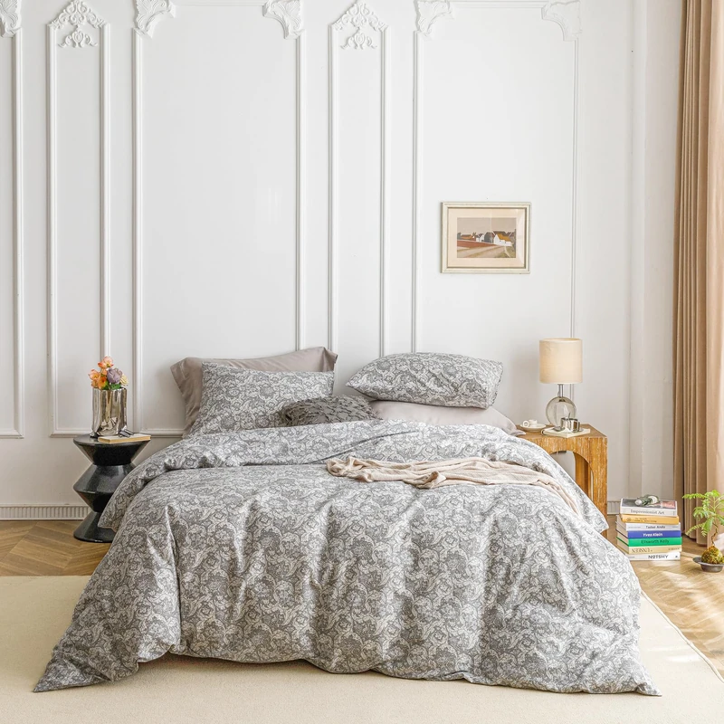 SUSYBAO Queen 3 Pcs Boho Duvet Cover Set, 100% Cotton Grey Paisley Floral Duvet Cover 90x90, 2 Pillow Cases 20x26, Zipper Ties