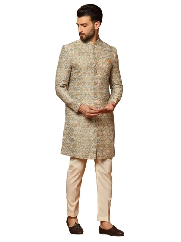 KISAH Men's Multicolor Sherwani Trousers Set, Cotton Full Sleaves, Knee Length, Straight, Regular Fit, Mandarin Collar Ethnic Casual Traditional Wear 44 Multicolour & Thanksgiving - Image 1