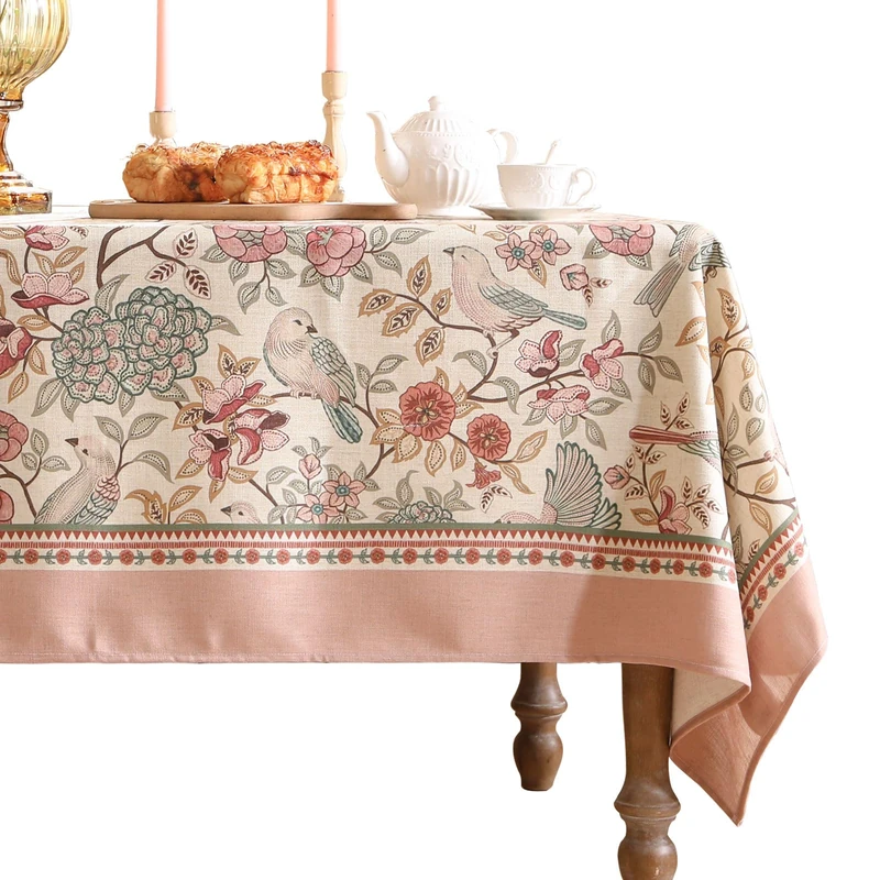 patdrea Designer Pink Linen Table Cloth for Sqaure Table,French Tablecloth with Birds Pattern,Small Colorful Decoration Cover for Kitchen Dining,Christmas,Party,Thanksgiving,67"x67"-Kulom a