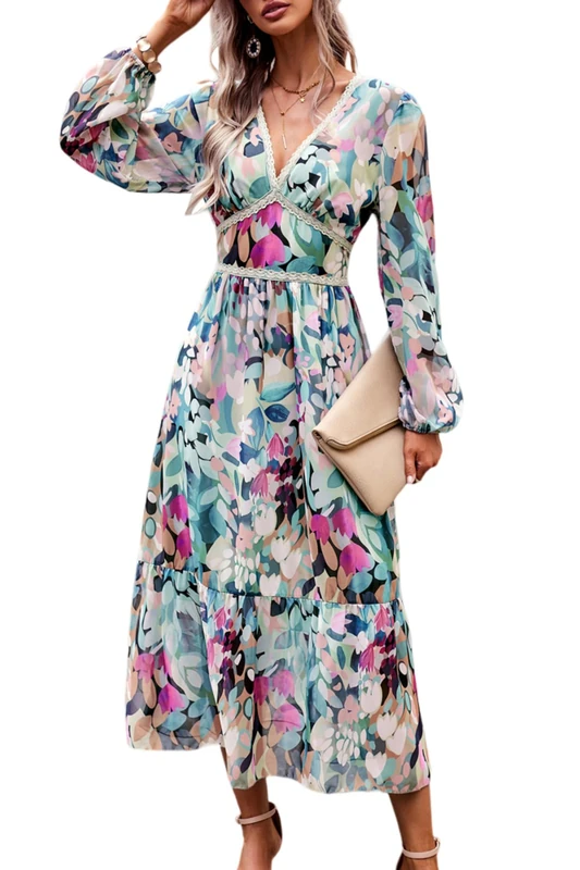 ChooTeeYeen Women's Spring Wrap Maxi Dress Floral V Neck Long Sleeve Wedding Guest Party Casual Chiffon Dress, Green Geometry, M