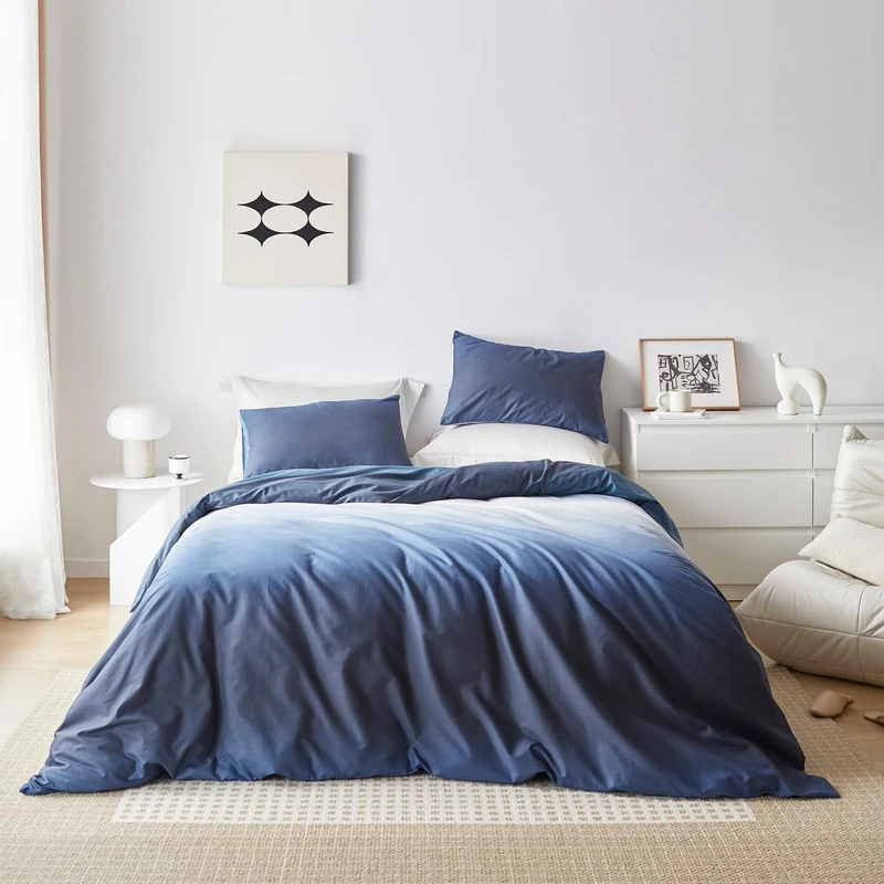 SUSYBAO Ocean Blue Duvet Cover King 100% Cotton 3 Pcs Set 1 Modern Gradient Blue White Duvet Cover with Zipper Ties 2 Pillowcases Stylish Navy White Bedding Set Soft