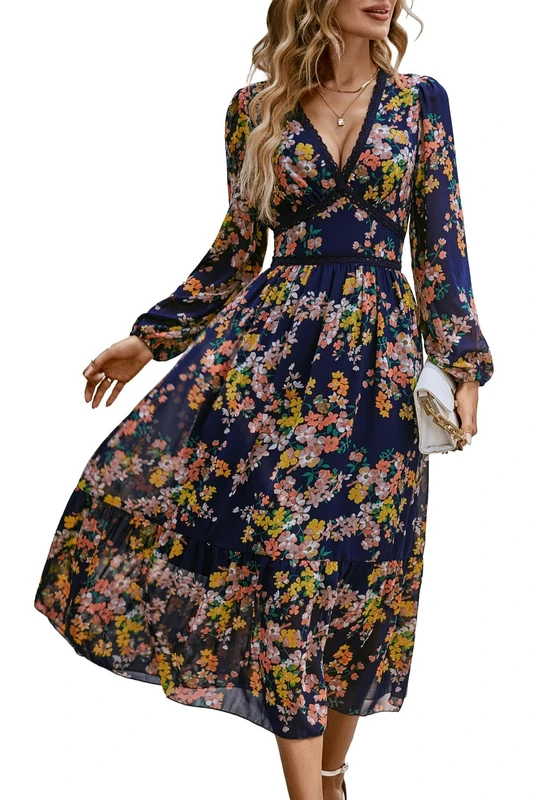 ChooTeeYeen Women's Spring Wrap Maxi Dress Floral V Neck Long Sleeve Wedding Guest Party Casual Chiffon Dress, Navy Flowers, L