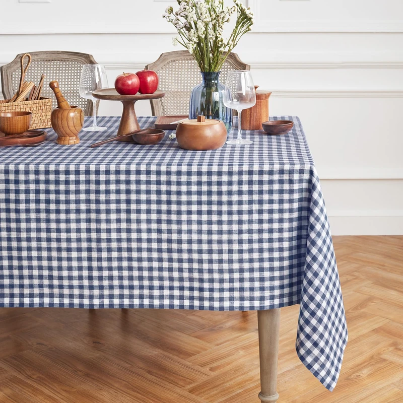 Solino Home 100% Pure Linen Rectangular Tablecloth Navy Check, 60 x 108 in