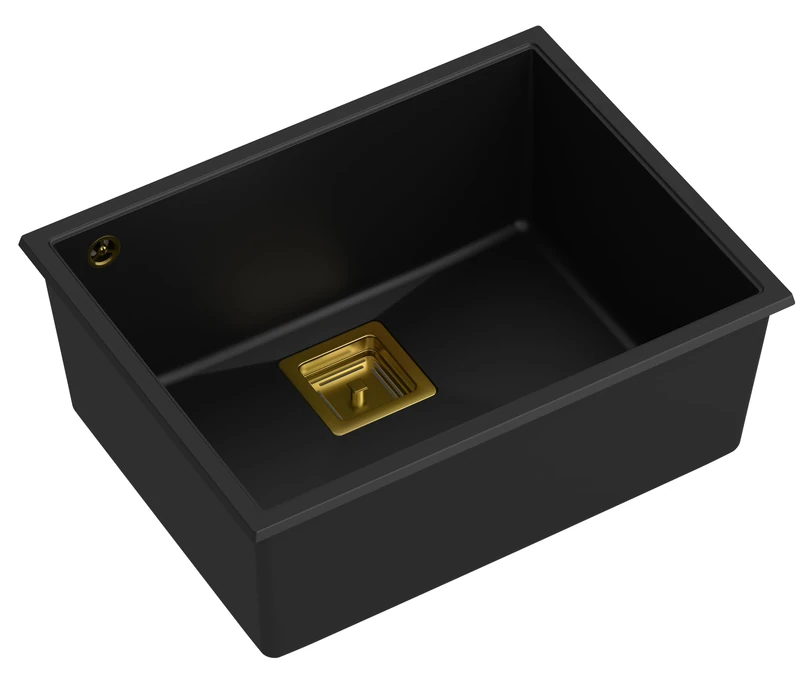 QUADRON David 50 Single Bowl Granite Kitchen Sink with Manual Siphon Size 55 x 42 x 22.5 cm Pure Carbon & Golden