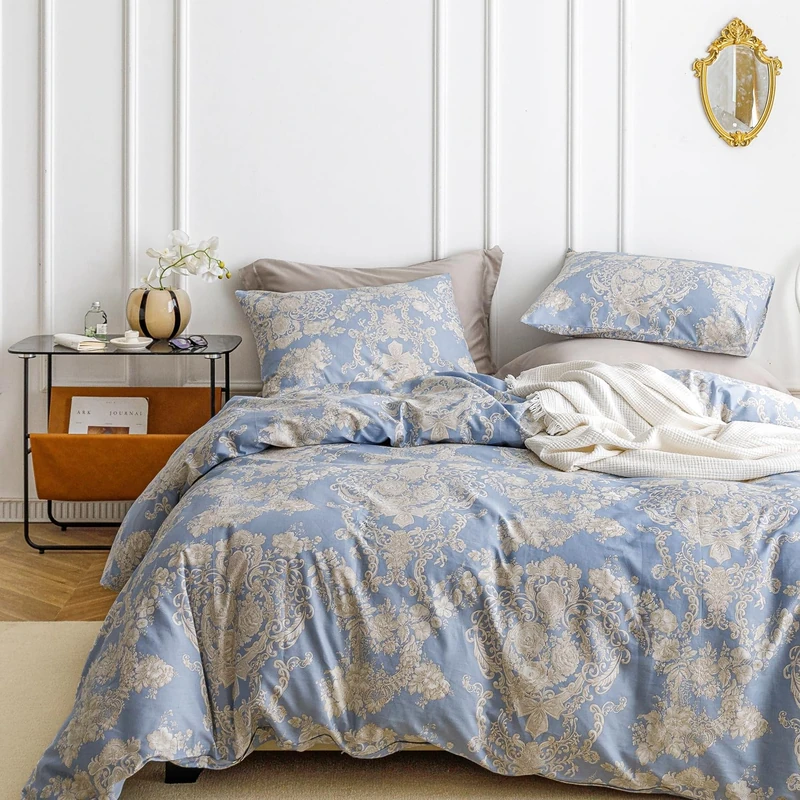 SUSYBAO Blue Damask Flower Duvet Cover Queen 100% Cotton 3 Pieces Set 1 Boho Floral Patterned Duvet Cover with Zipper Ties 2 Pillowcases Farmhouse Soft Paisley Bedding Set Breathable