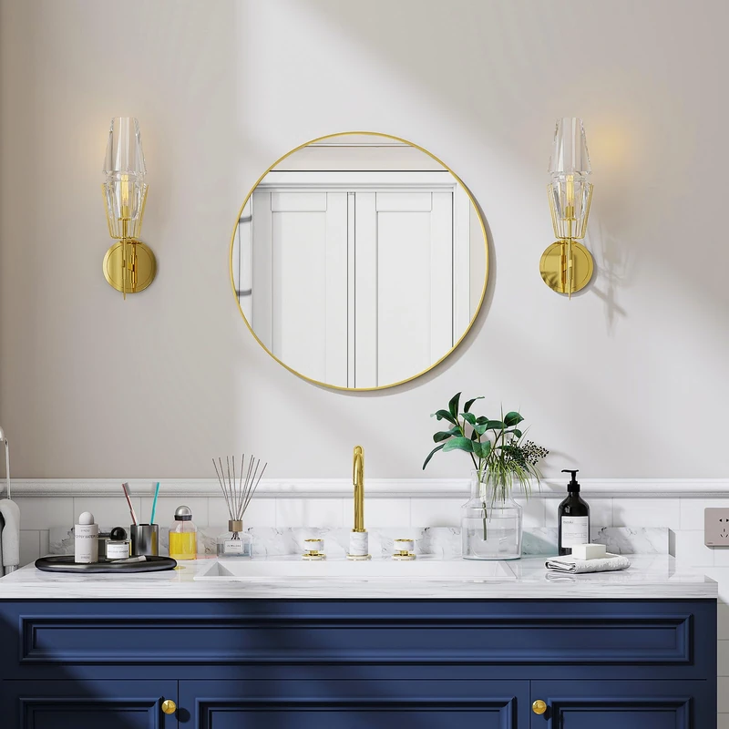 Koonmi 50 cm Gold Round Mirror, Circle Wall Mirror with Aluminum Alloy Frame, Classic Round Mirror for Bathroom over the Sink, Gold