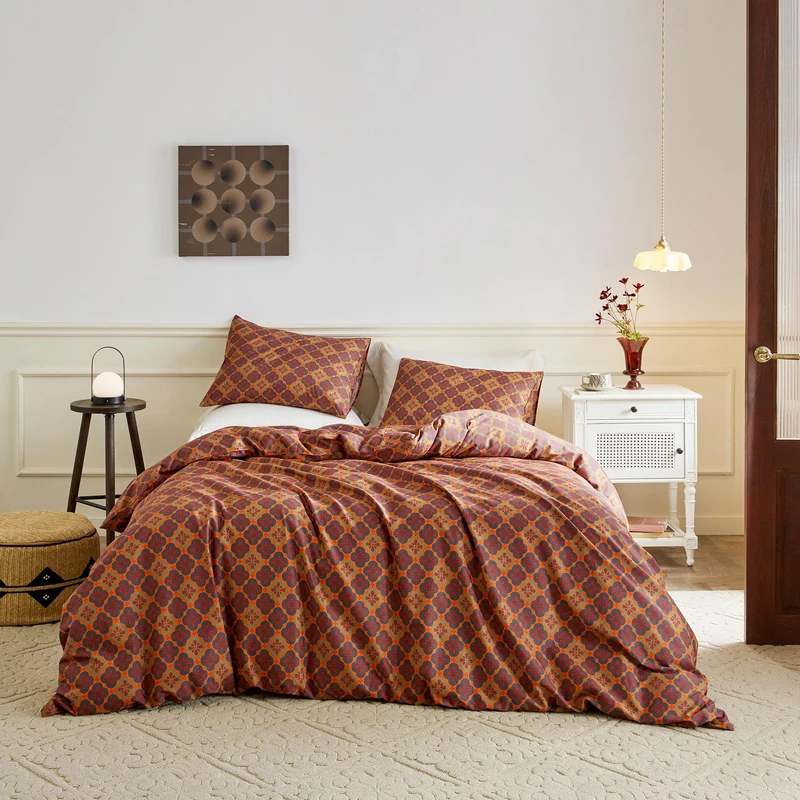 SUSYBAO Exotic Floral Duvet Cover Queen 100% Cotton 3 Pcs Set 1 Bohemian Abstract Morocco Patterned Duvet Cover with Zipper Ties 2 Pillowcases Vintage Red Orange Boho Bedding Set Soft