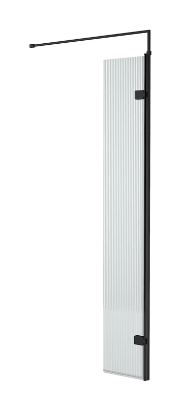 nuie WRFL18530BP Fluted Modern Bathroom 8mm Toughened Safety Glass Hinged Return Screen with Support Bar, 300mm, Black