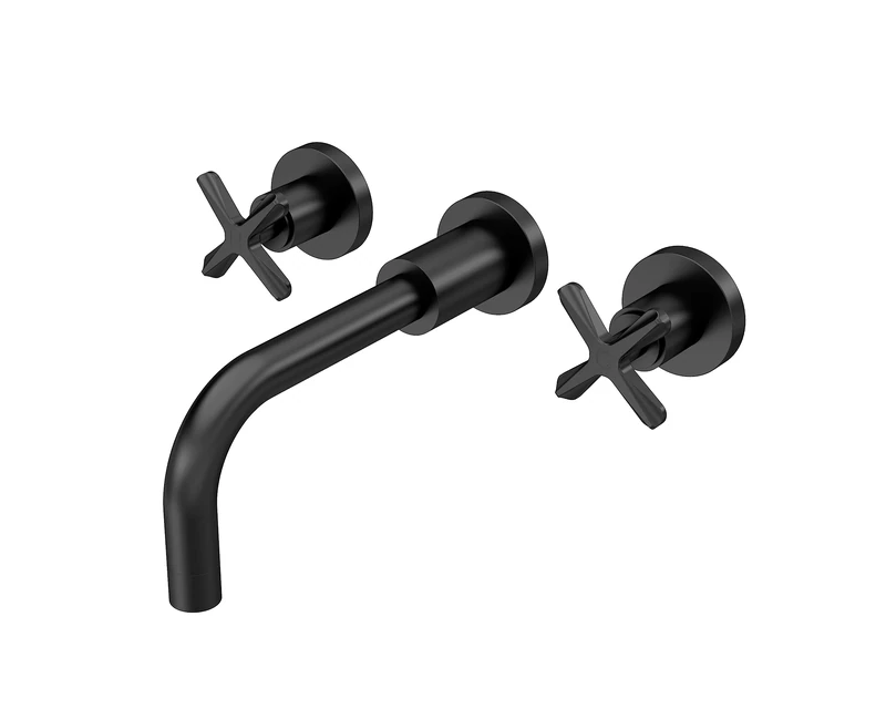 nuie CLX417 Aztec Modern Bathroom Wall Mounted 3 Tap Hole Basin Mixer Tap, 202mm, Matt Black