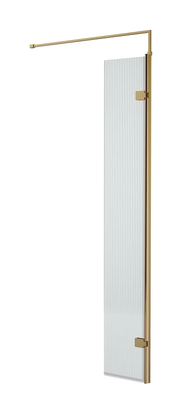 nuie WRFL18530BB Fluted Modern Bathroom 8mm Toughened Safety Glass Hinged Return Screen with Support Bar, 300mm, Brushed Brass