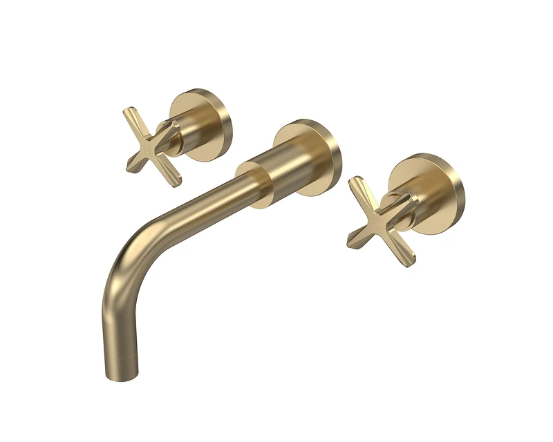 nuie CLX817 Aztec Modern Bathroom Wall Mounted 3 Tap Hole Basin Mixer Tap, 202mm, Brushed Brass