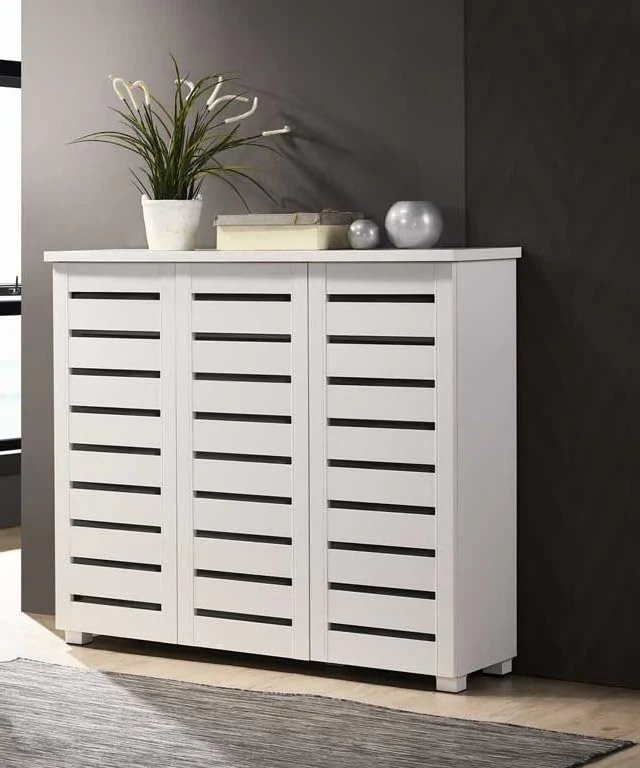 Timber Art Design UK Shoe Cabinet Storage Cupboard Bedroom, Living Room, Hallway Wooden Stand Rack Unit 3 Door 5 Tier White Space Saving Cupboard - 33.6D x 114W x 98.3H cm