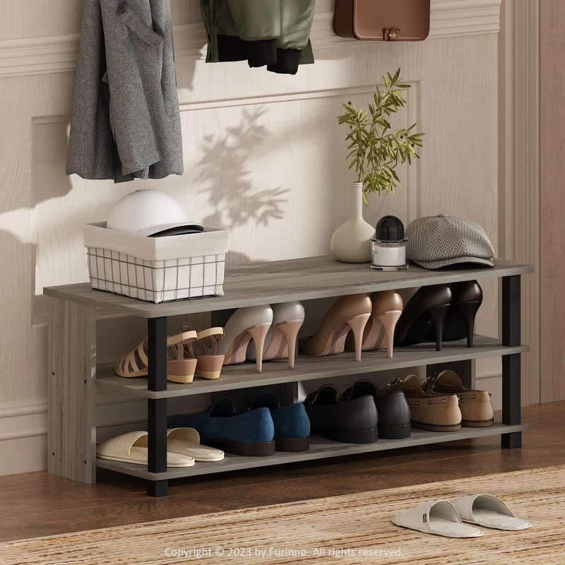 Furinno TURN-N-TUBE Shoe Rack, 3-Tier Shoe Organizer, Compact Shoe Storage with Open Shelves, 39.37 x 104.39 x 40.13 cm, for Closet Entryway, Office, Garage, French Oak/Black