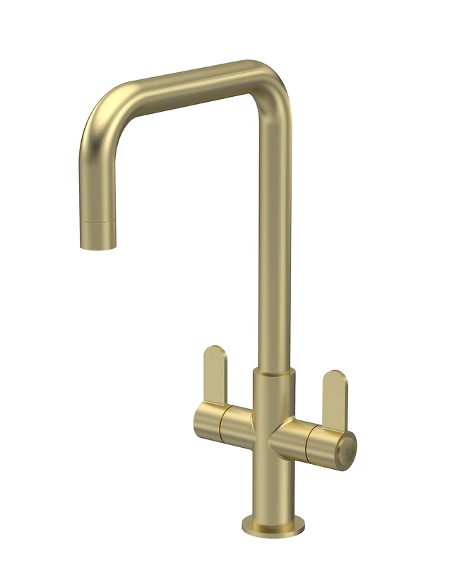 nuie KSI805DL Kosi Mono Mixer Kitchen Tap with Dual Lever Handles, 361mm, Brushed Brass