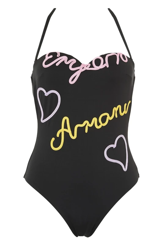 Emporio Armani Women's One-Piece Emrboidery Signature Swimsuit, Black/Pastel, XL