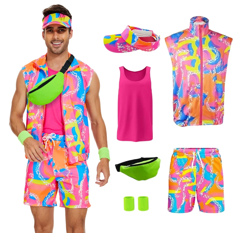 Yonroik 5 Pieces 80s Workout Costume for Men Halloween Cosplay 80s 90s Workout Outfit Party Clothing for Adult Mens, Pink, Large - Image 1