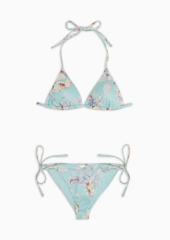 Emporio Armani Women's Triangle and String Brazilian Floral Print Bikini Set, Hibiscus Print/Mint, L