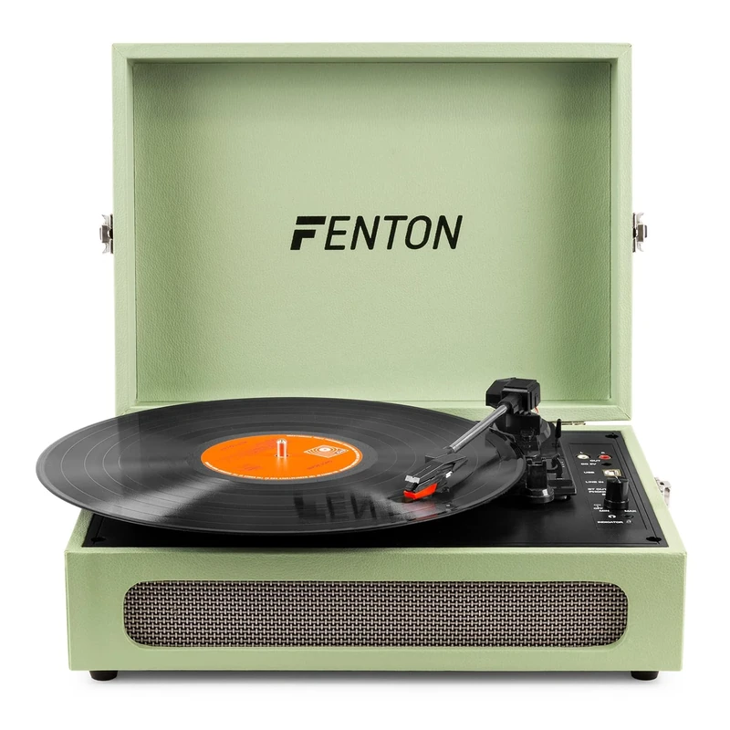 Fenton RP118C Briefcase Vinyl Record Player with Bluetooth Output & Built-in Speaker, Compact Retro Design, Portable Record Player Bluetooth Transmitter for Vinyl Lovers - Green