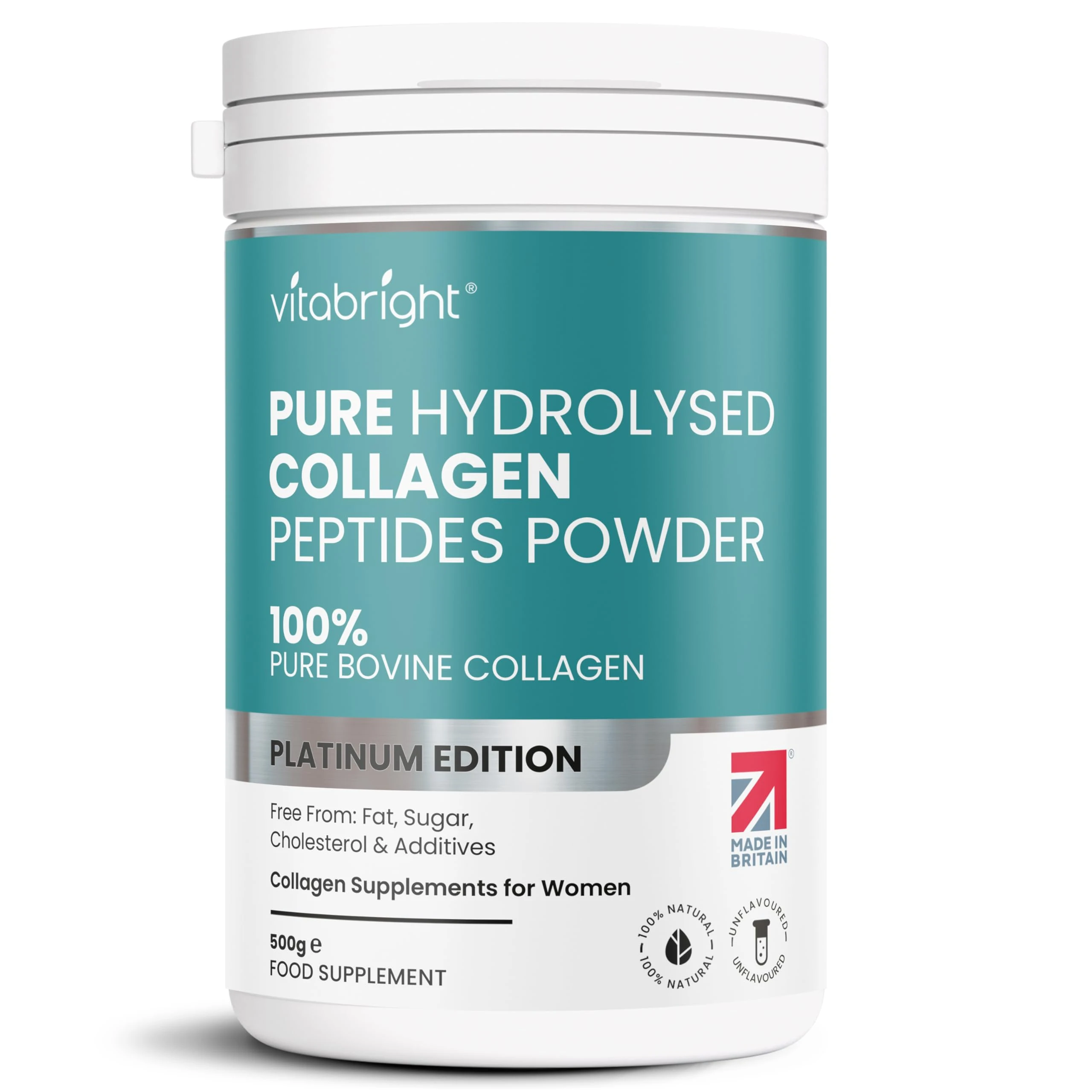 Bovine Collagen Powder 500g | 50 Servings | Highly Bioavailable Hydrolyzed Collagen Supplements for Women | Bovine Pure Peptides Powder High Strength Supplements for Women & Men | VitaBright