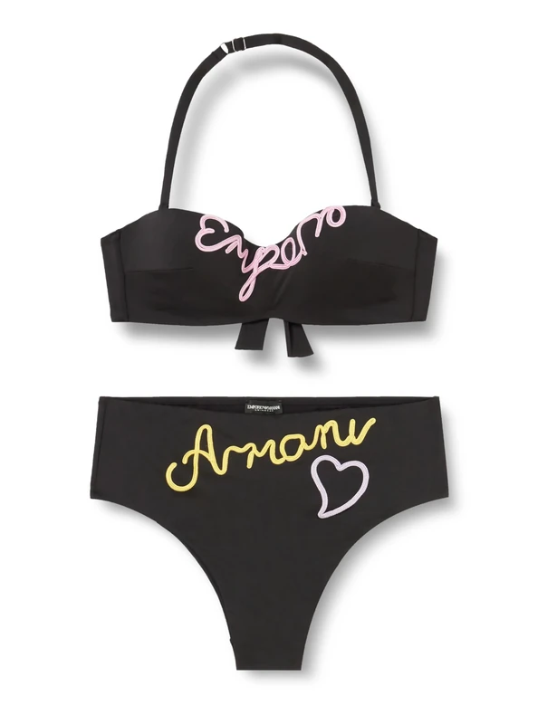 Emporio Armani Women's Band & High Brief Emrboidery Signature Bikini Sets, Black/Pastel, M