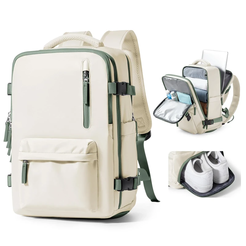 VGCUB Carry on Backpack,Large Travel Backpack for Women Men Airline Approved Gym Backpack Waterproof Business Laptop Daypack, A14-beige With Green, L, Pure