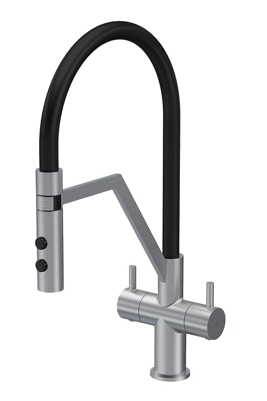 nuie KRA605DL Ravi Mono Mixer Kitchen Tap with Dual Lever Handles, 436mm, Brushed Nickel
