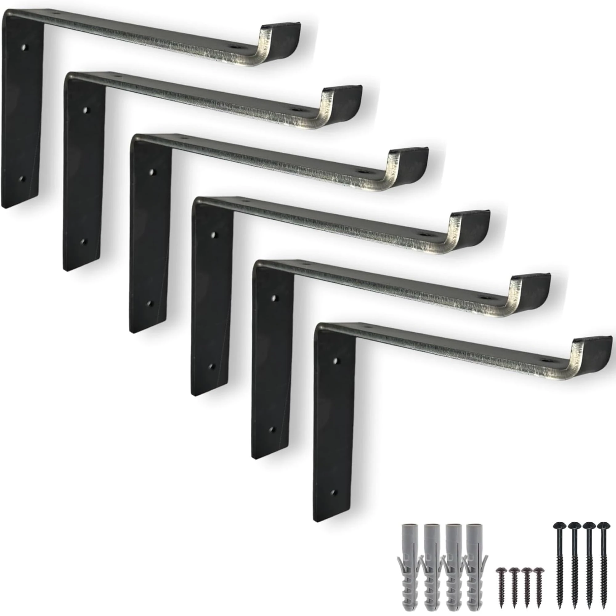 6 Pcs Heavy Duty Shelf Brackets for Scaffold Board Shelving - Shelves Support Industrial Rustic Style (Raw Steel, 225mm Down)