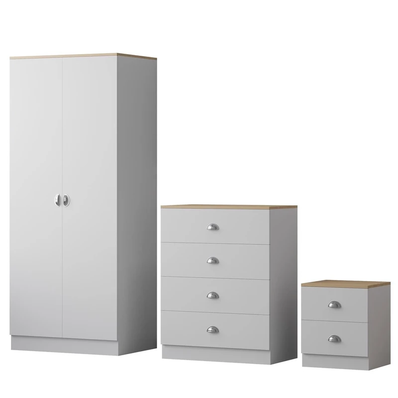 FWStyle Esher 3 Piece Bedroom Furniture Set including 2 door wardrobe, a large 4 drawer chest and bedside cabinet,Matt White