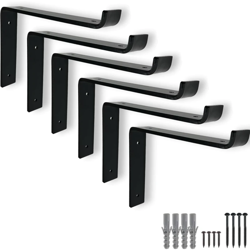 6 Pcs Heavy Duty Shelf Brackets for Scaffold Board Shelving - Shelves Support Industrial Rustic Style (Black, 225mm Down)