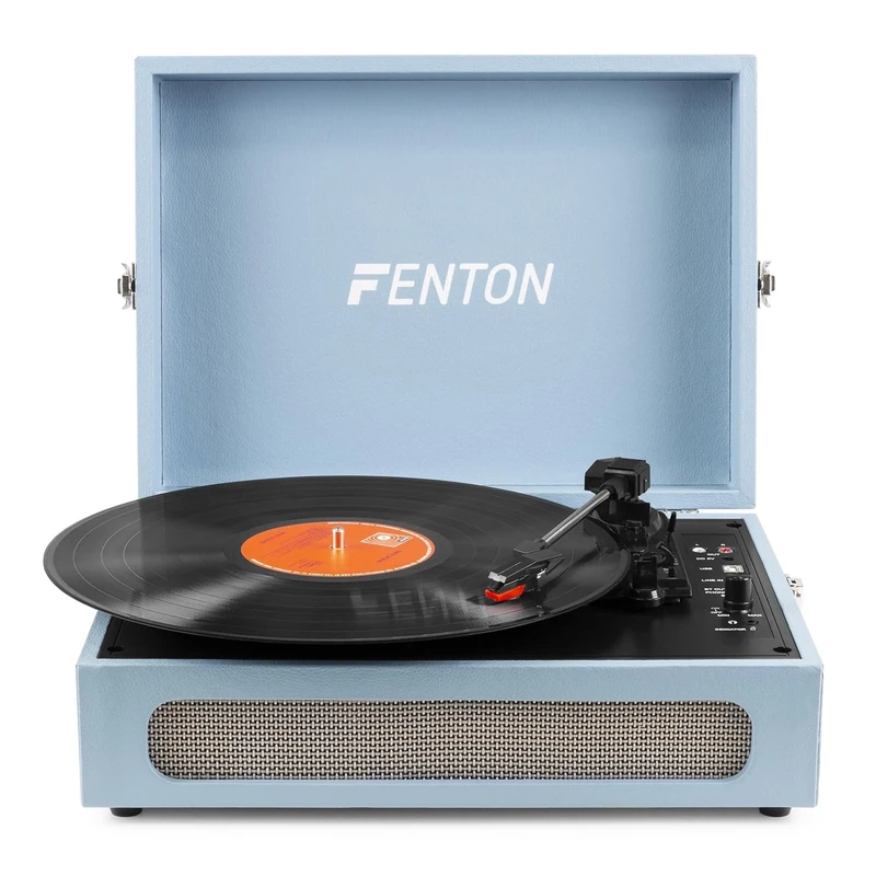Fenton RP118E Briefcase Record Player with Bluetooth Output - Portable Vinyl Turntable with Record Player Bluetooth Transmitter, Built-in Stereo Speakers, and Stylish Briefcase Design - Blue