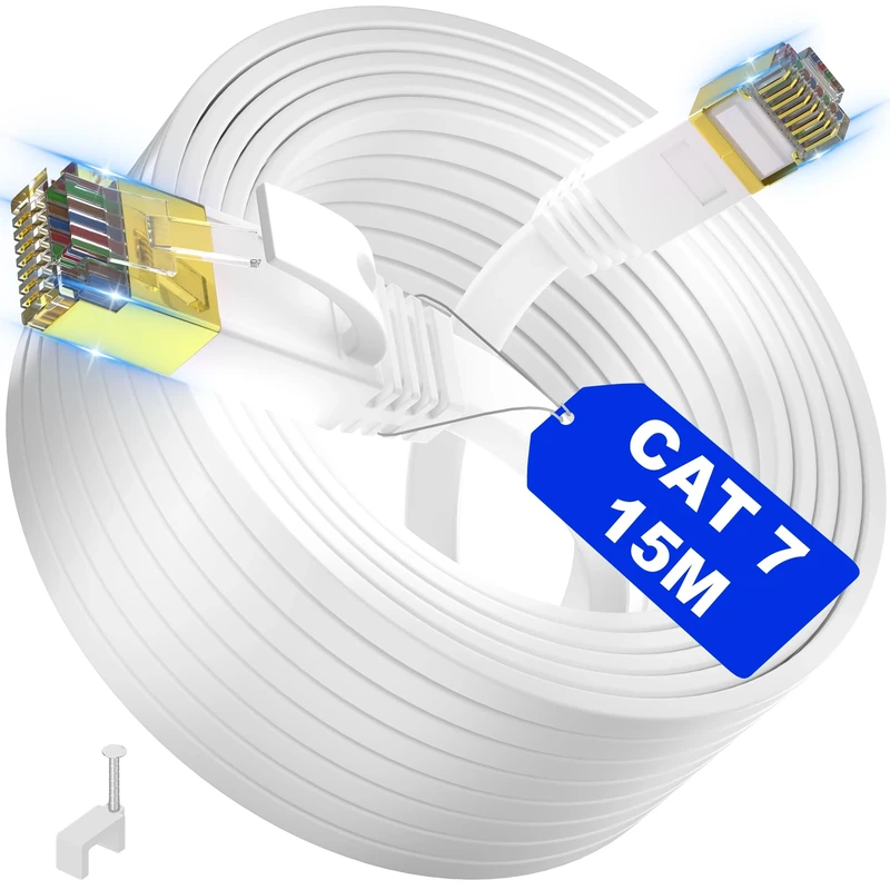 ikbc Ethernet Cable 15m Cat 7, High Speed Internet Cable 15m Flat Shielded RJ45 Network Cable S/FTP, White 15 metre LAN Cable Long Gigabit Broadband Patch Cable for Router Modem Switch PC (15 Clips)
