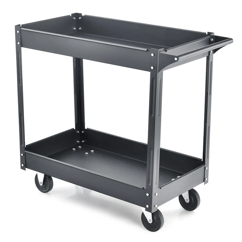 GiantexUK 2/3-Tier Tool Trolley, Metal Frame Utility Service Cart with 4 Wheels and Handle, Heavy Duty Rolling Storage Trolley for Office, Garage, Warehouse and Workshop (2-Tier, Flat Handle, Black)