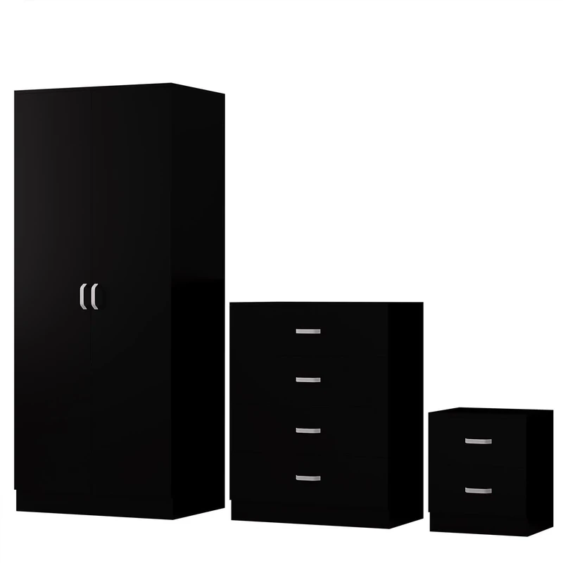 FWStyle Tunis 3 Piece Bedroom Furniture Set including 2 door wardrobe a large 4 drawer chest and bedside cabinet Matt Black