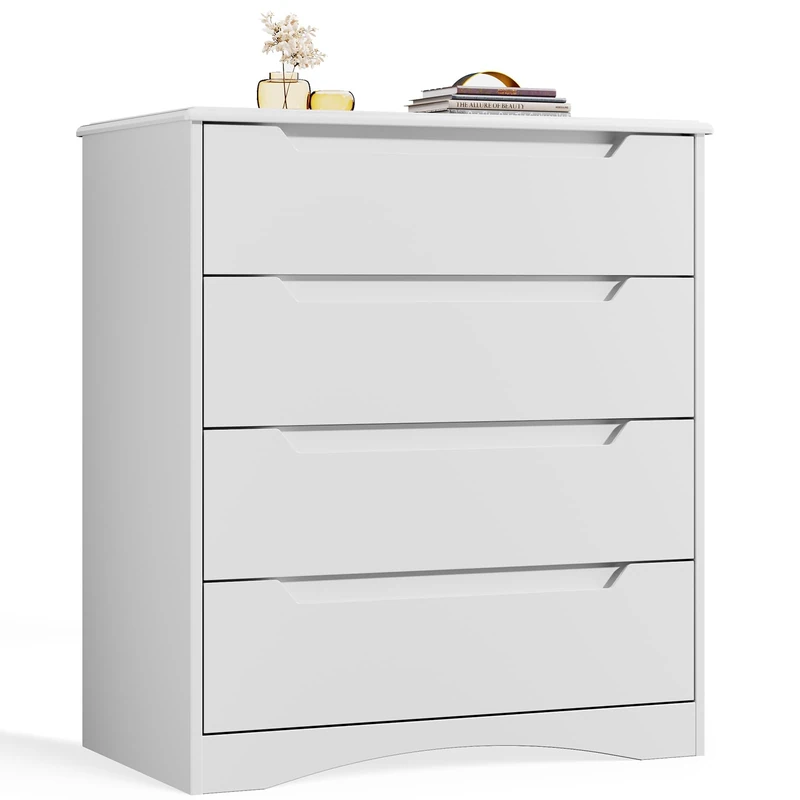 Bealife Chest of Drawers White Bedroom Chest of Drawers with 4 Spacious Drawers with Cut-Out Handles and Tilt Protection, Drawer Cabinet Ideal for Living Room, Office