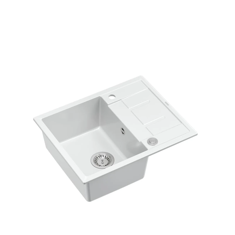 QUADRON Morgan 116 Granite Kitchen Sink Single Bowl with Draining Board Built-in Sink with Tap Hole Size 62 x 50 x 22 cm White & Steel