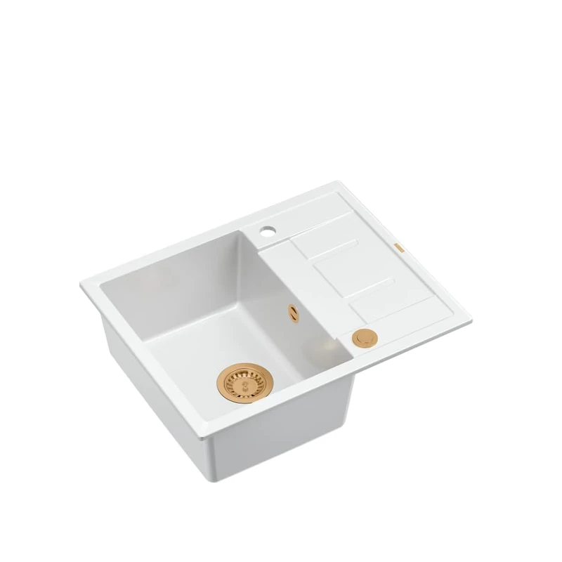 QUADRON Morgan 116 Granite Kitchen Sink Single Bowl with Draining Board Built-in Sink with Tap Hole Size 62 x 50 x 22 cm White and Copper