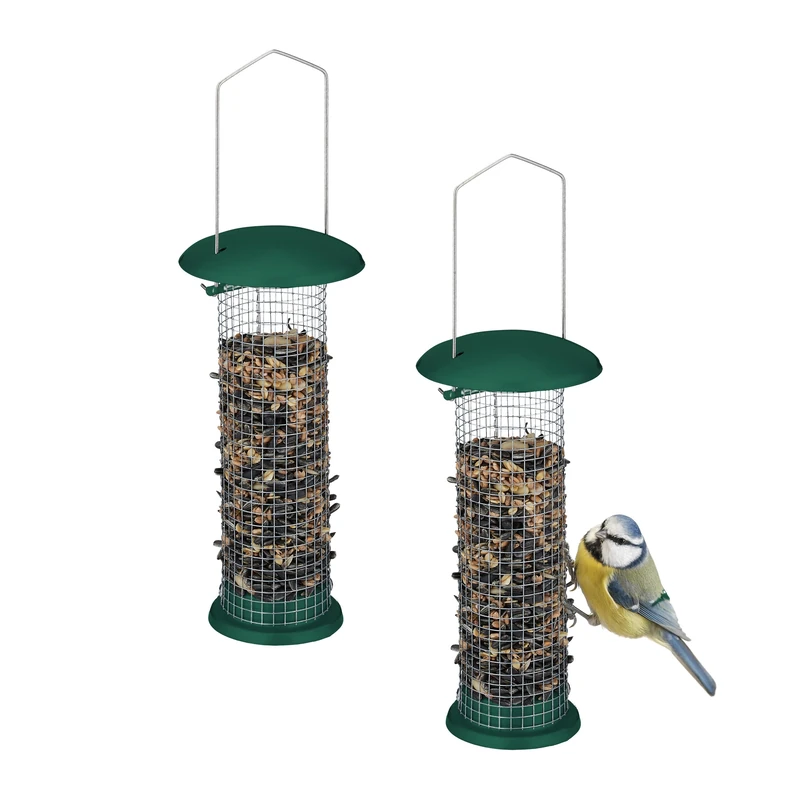 Relaxdays 2x Bird Feeders for Hanging, Feeding Stations, Safe from Predators, Easy to Refill, Metal Net, 33x10cm, Green, Iron
