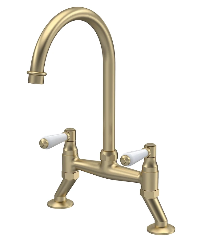 nuie KB817 Kitchen Taps Traditional Bridge Mixer Kitchen Tap with Lever Handles, 237mm, Brushed Brass